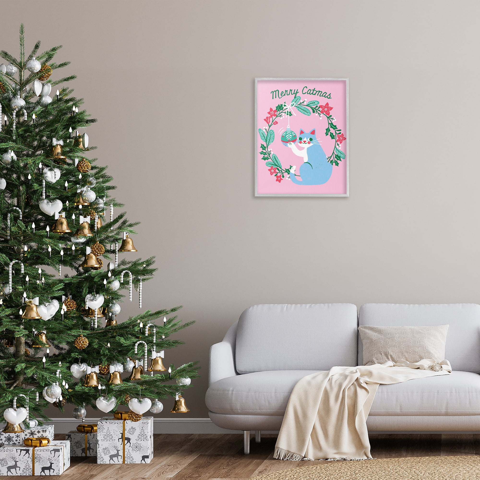 Stupell Industries Merry Christmas Pink Cat Holiday Painting Gray Framed Art Prints Wall Art, 24 x 30