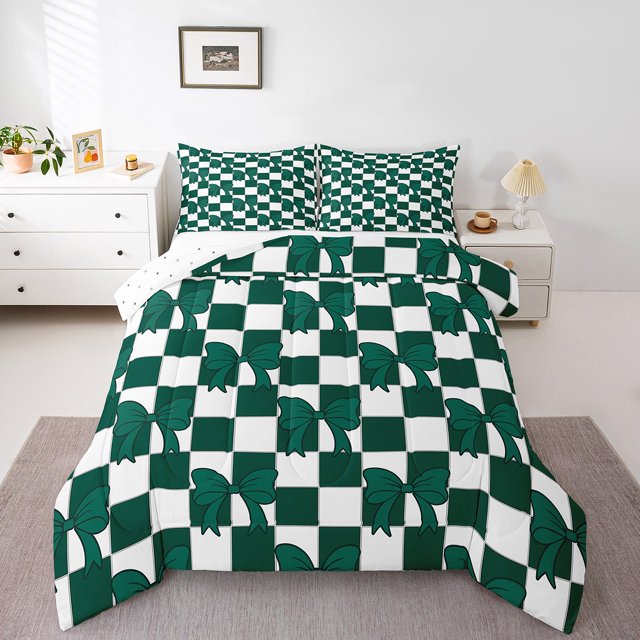 Erosebridal Ensembles de Literie Nœud Mignon avec Couette, Insert de Couette à Carreaux Buffalo Vert Foncé, Réversible 2 Pcs
