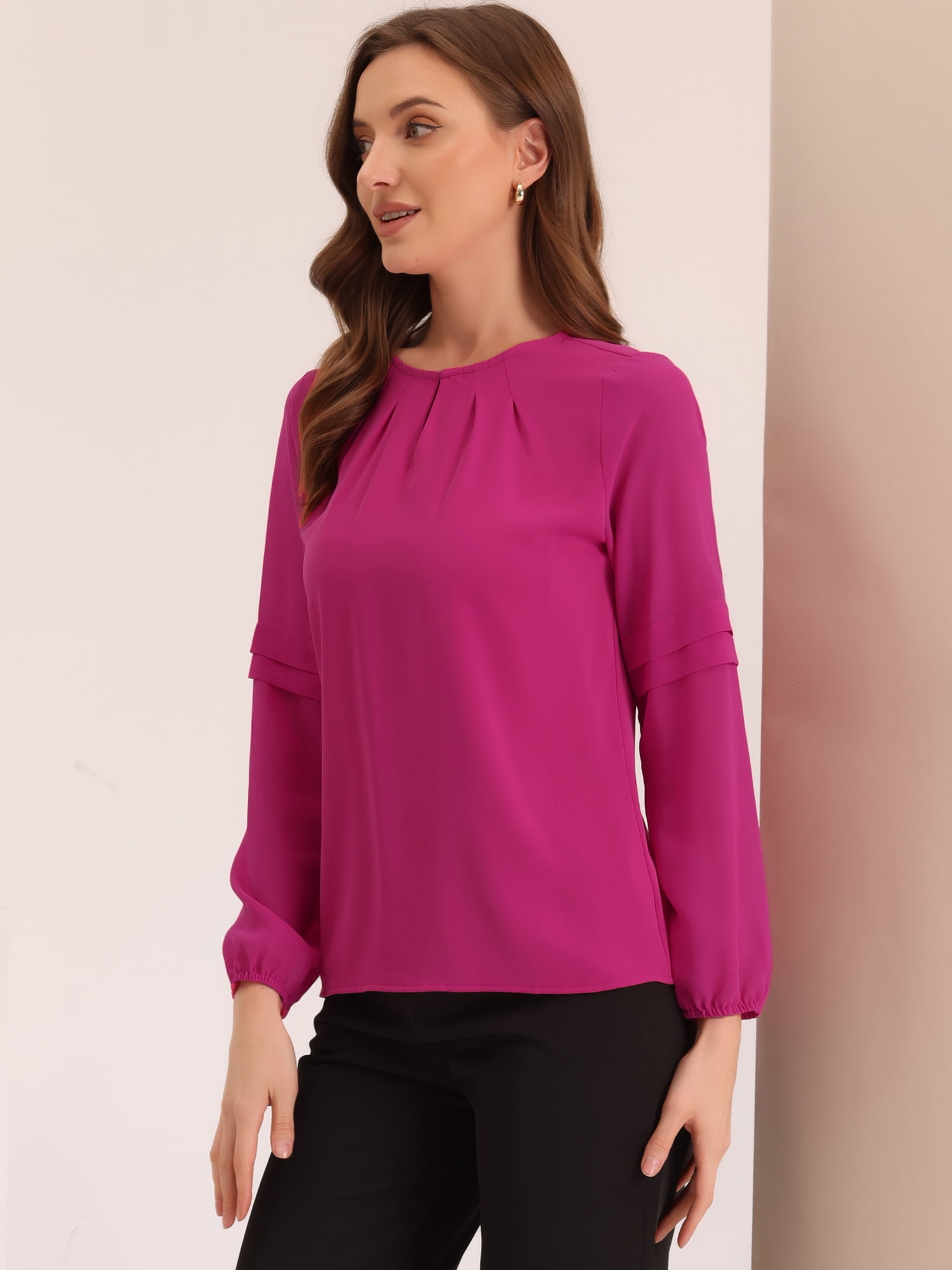 DARING DIVA Chiffon Semi Sheer Long Sleeves Keyhole Neck Blouse XS Hot Pink