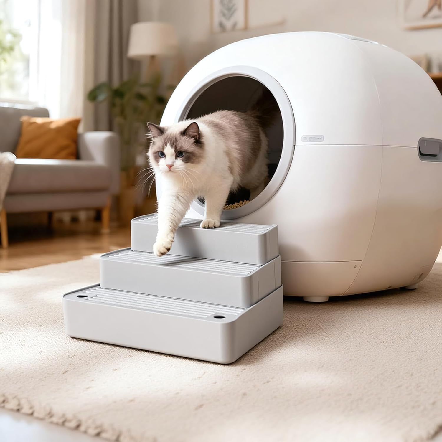 Flymer Adjustable Litter Box Step,3-Step Litter Catcher Tray Stool for Auto Litters Robots,Litter Box Ramp Mat for Kittens and Senior Cats