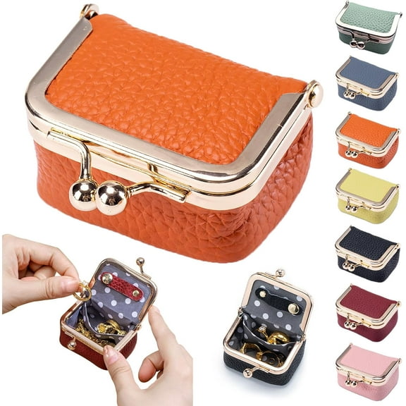 Mini Genuine Leather Jewelry Box, Portable Travel Organizer, Kiss Lock Ring Box for Earrings and Necklace, Orange