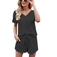 thumbnail image 1 of Pijamas de Mujer Cuello en V Manga Corta Lazos elásticos Cintura Suave Ropa de Dormir para Mujer Conjunto para Verano Gris Oscuro S, 1 of 7
