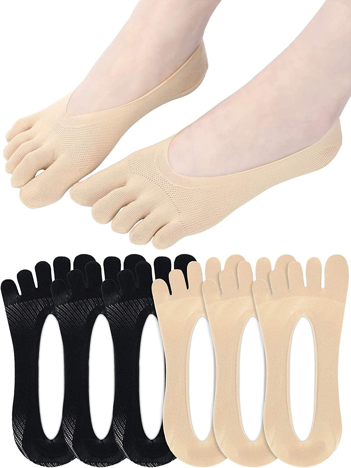 6 Pairs Women Toe Socks Low Cut Liner Socks Full Finger Socks with Gel