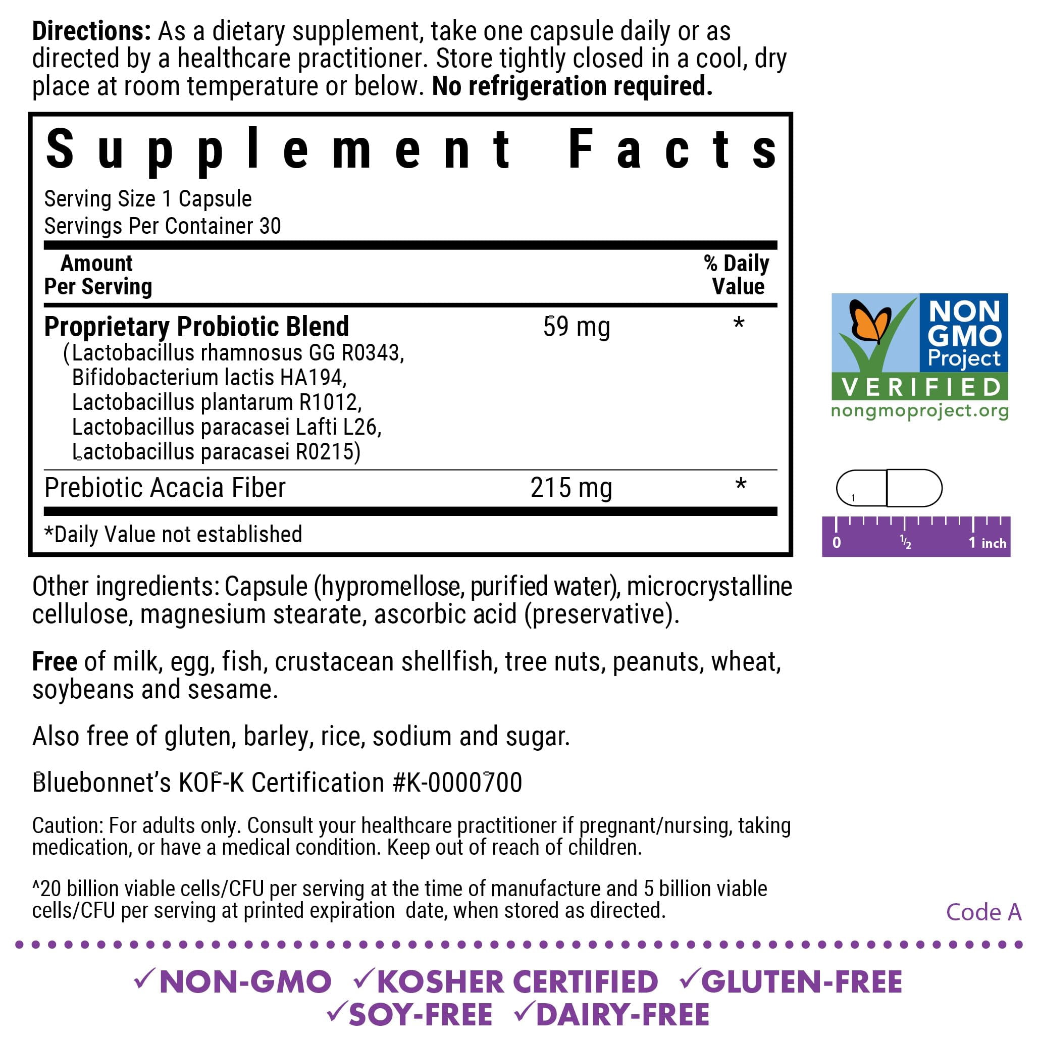 Bluebonnet Prebiotic Probiotic 20 Billion CFU^ Shelf Stable Gut Health*, Kosher 30 Days