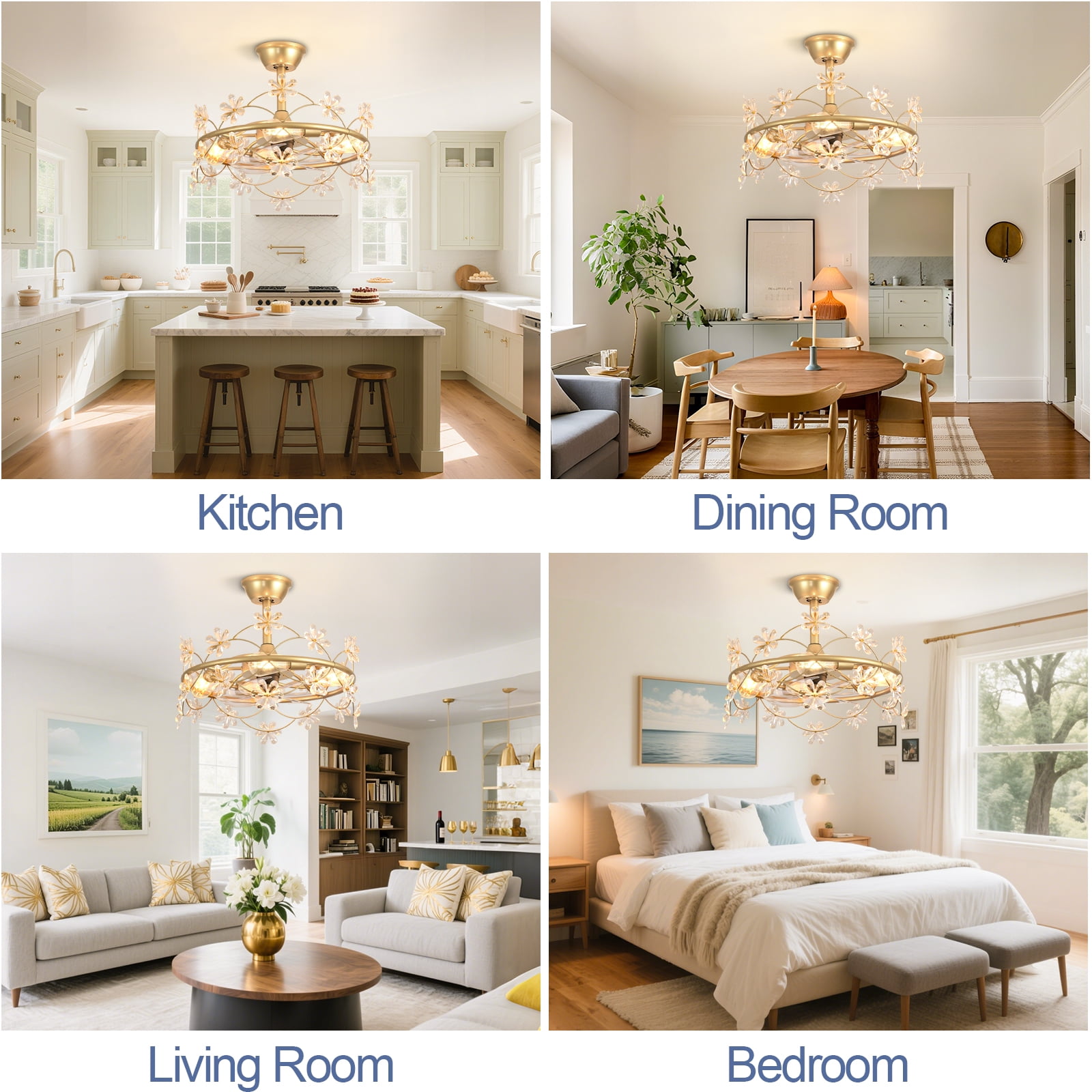 20" Gold Chandelier Ceiling Fan with Lights - Remote/APP Control, 4 LED Bulbs Included, 6-Speed DC Motor for Bedroom Living Room