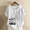 thumbnail image 2 of QATAINLAV Hauts en Coton et Lin pour Femmes 2025 Col Ras du Cou Manches Courtes Retroussées T-Shirt Tendance à Imprimé Floral Blouse Décontractée Coupe Ample Tenues des Fêtes Ventes Prime Aujourd'hui Blanc P, 2 of 5