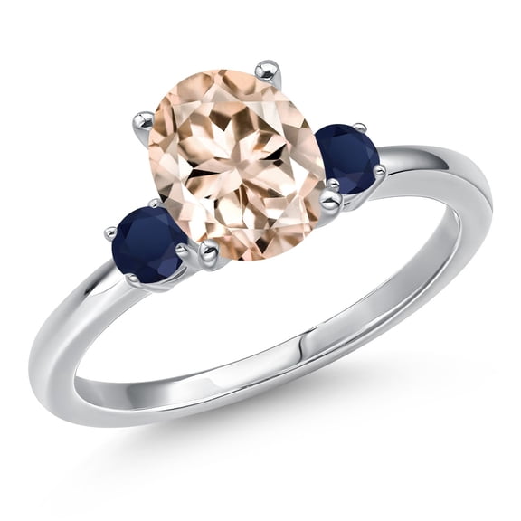 Gem Stone King 14K White Gold Peach Morganite and Blue Sapphire Engagement Ring for Women | 1.90 Cttw | Oval 9X7MM | Gemstone October Birthstone | Size 7