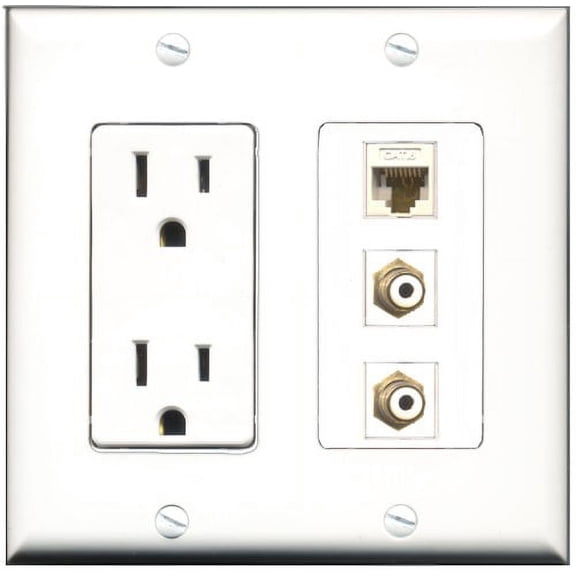 RiteAV - 15 Amp Power Outlet 2 Port RCA White 1 Port Cat6 Ethernet Ethernet White Decorative Wall Plate