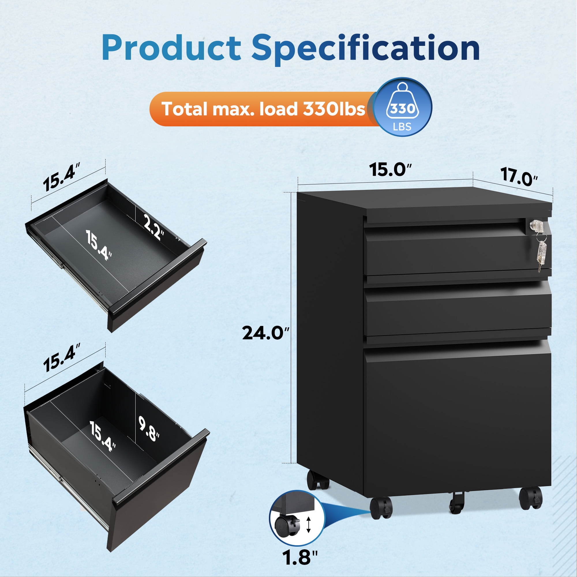 GALAXHERO File Cabinet 3 Drawer, Metal Filing Cabinet on Wheels for Home Office, Under Desk Storage with Lock, Fits Letter/A4/Legal Size, Black