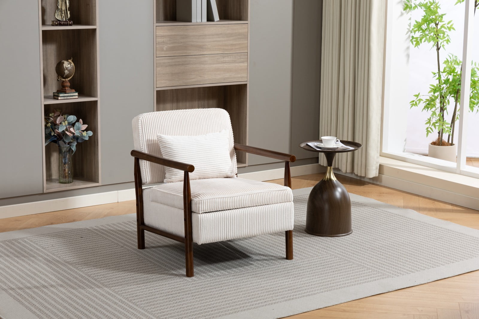 Storage Accent Chair Mid Century Modern Upholstered Armchair with Wood Frame & Waist Cushion for Living Room Bedroom Sunroom, Antique White
