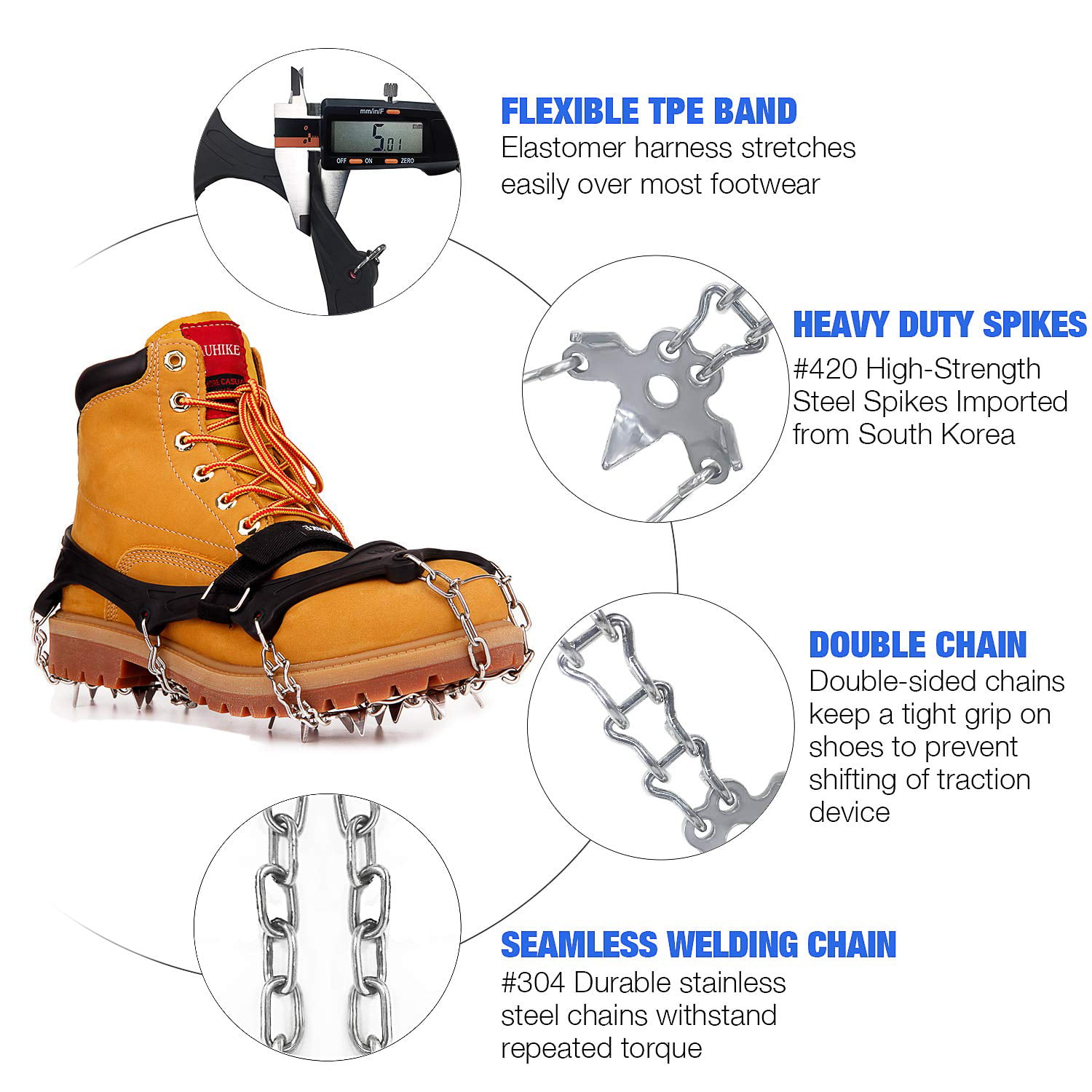 AUHIKE Upgraded Version 19 Spikes Traction Cleats Ice Snow Grips with Tear-Resistant Gasket Seamless Welded Steel Safe Protect,Crampons for Hiking Fishing Jogging Mountaineering Walking 