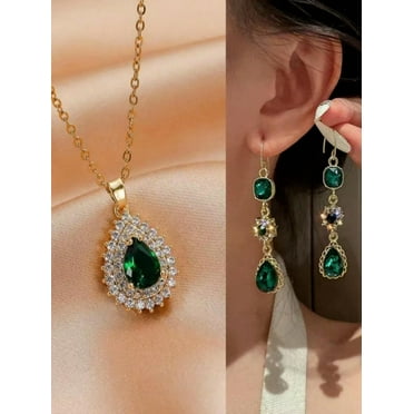 EOEMY 3Pcs/Set Dark Green Earrings And Necklace Set Jewelry Set Jewelry Gift For Women-Default