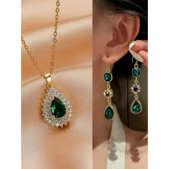 QQTDFG 3pcs/Set Dark Green Earrings And Necklace Set Jewelry Set Jewelry Gift for Women-default