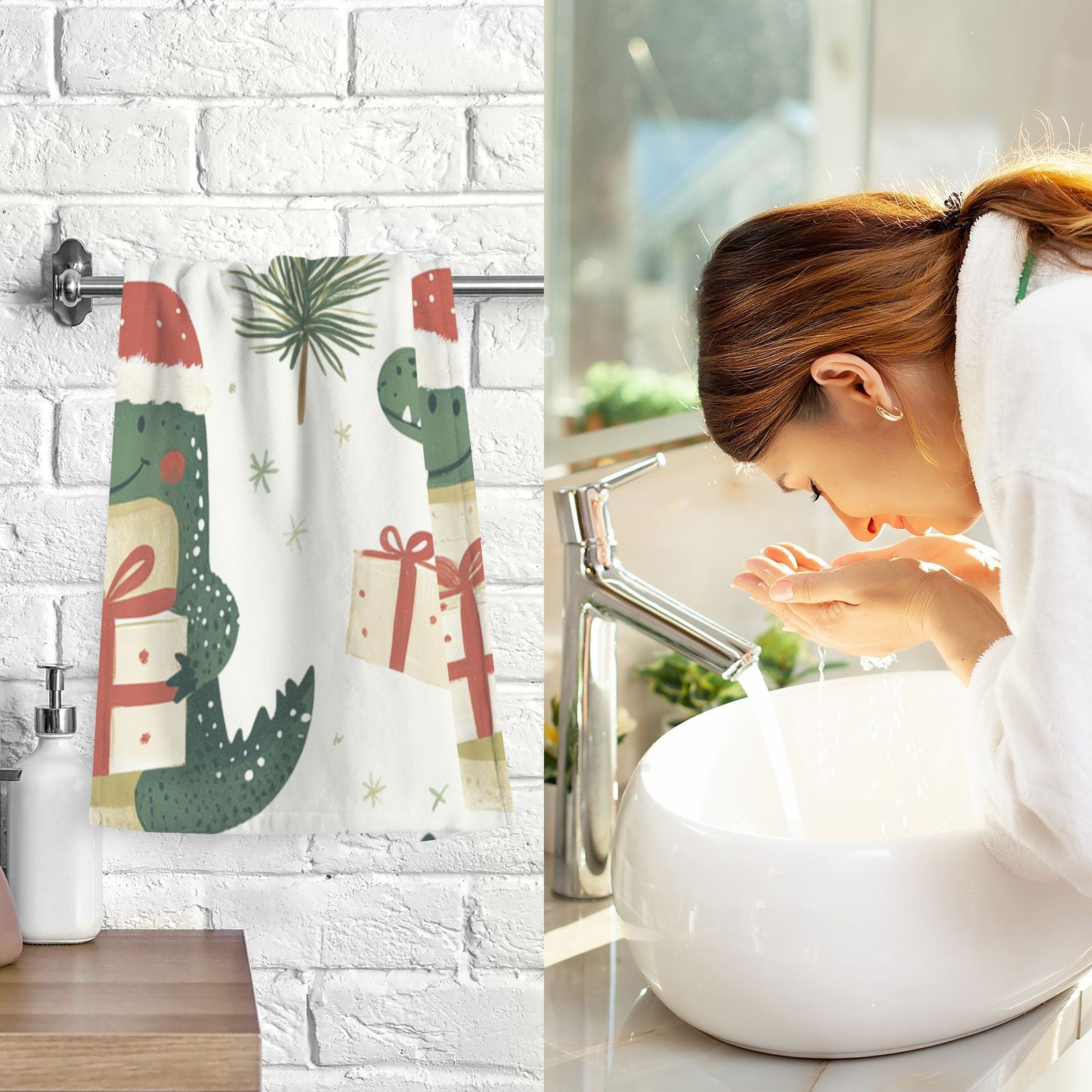 Christmas Alligators Santa Hats Hand Towels Cotton Bath Towels Large Face Towels Absorbent for Bathroom 2 Packs