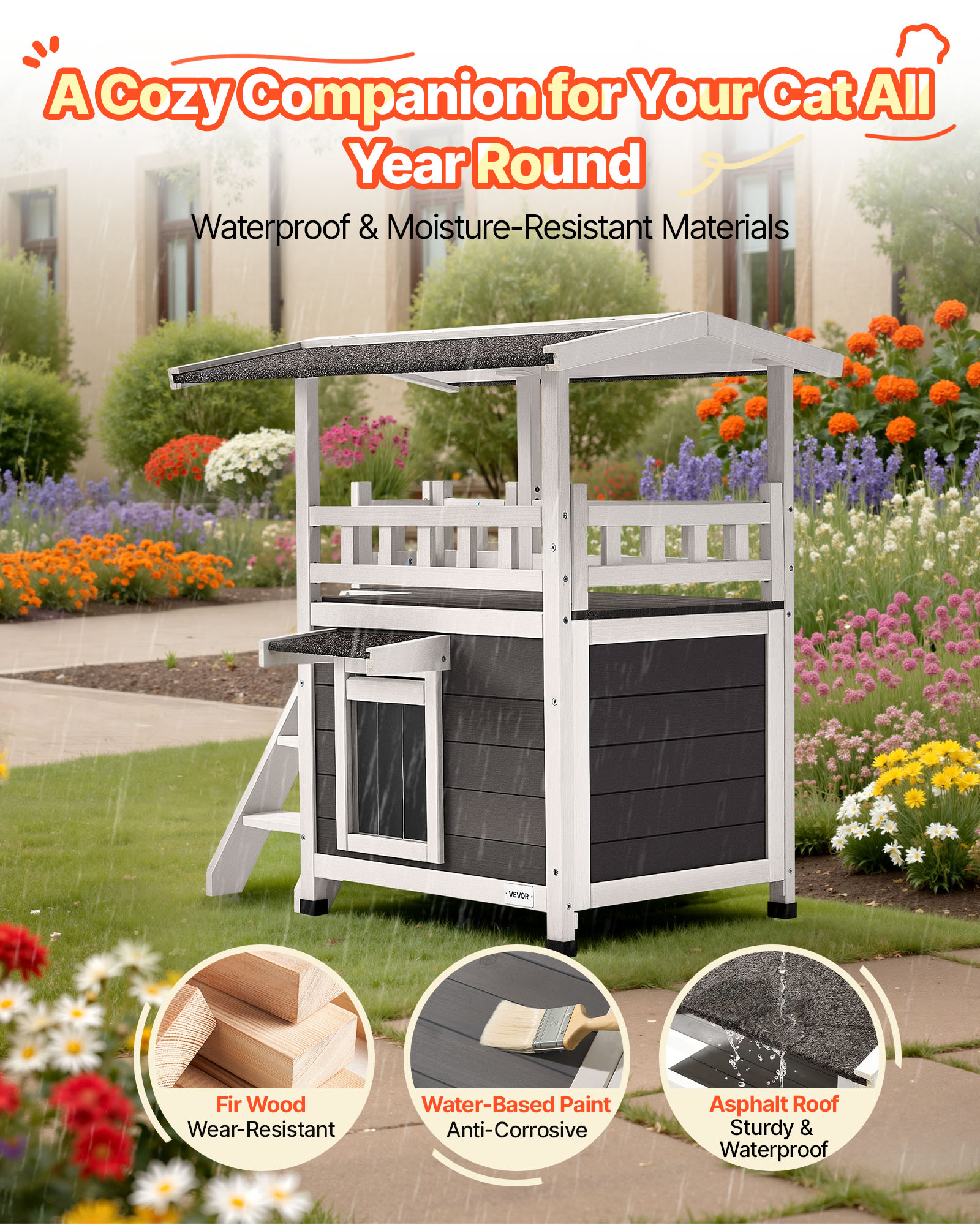 VEVOR Outdoor Cat House, 2-Story Wooden Cat Shelter with Stairs & Balcony, Elevated Feral Kitty Shelter, Spacious Room, Waterproof Cats Condos for Indoor & Outdoor Cats in Winter 30 x 22 x 30 in