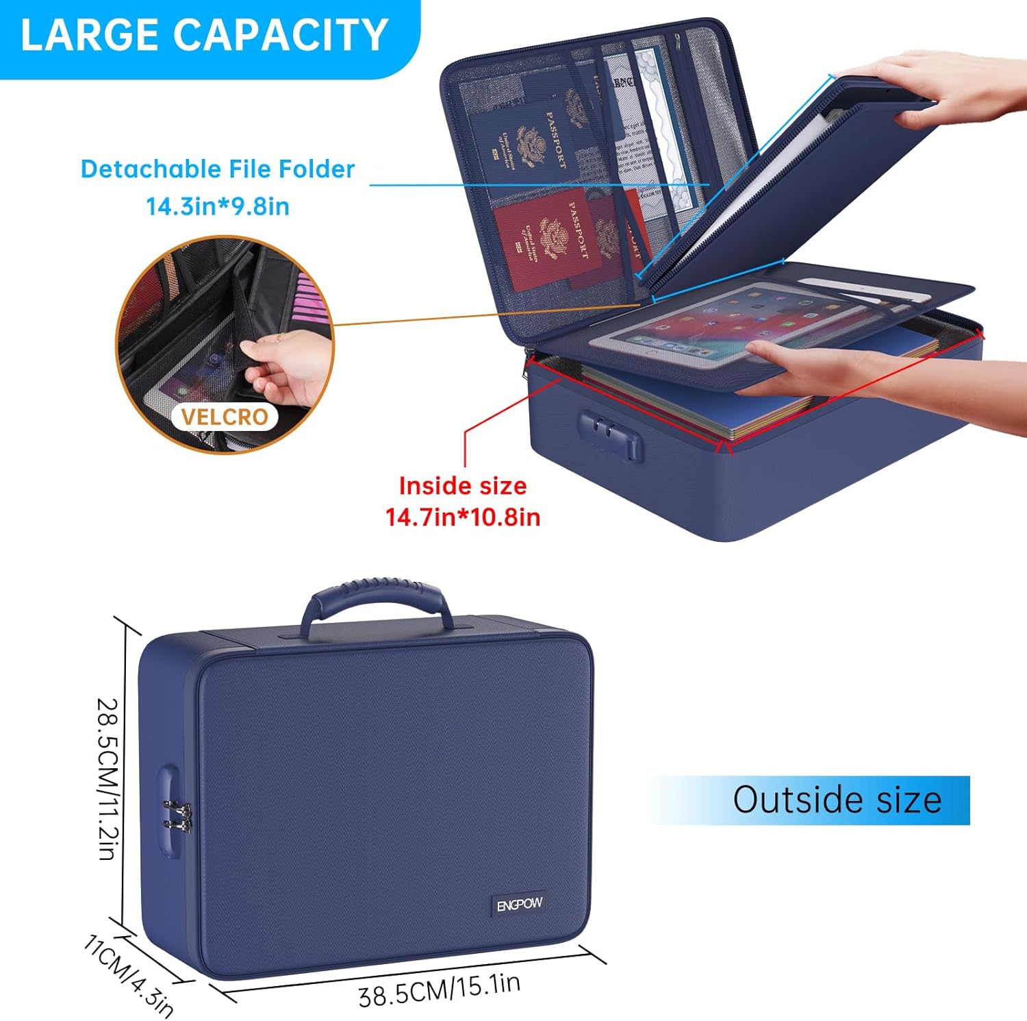 5200℉ Fireproof File Organizer Bag with 13 Pocket Accordion File Folder,Document Organizer Box with Lock&Labels,Multi-Layer Portable Home Travel Safe Storage Box for Important Documents,Blue