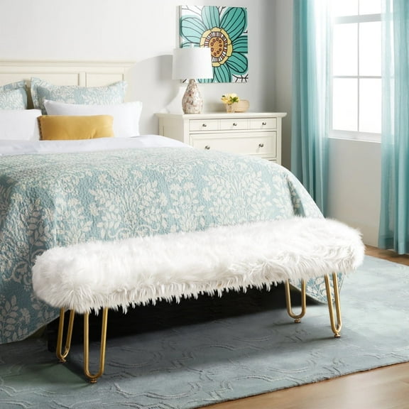 White Faux Fur Ottoman Bench Upholstered Furry Entryway Bedroom Bench with Gold Metal Legs, for Entryway, Living Room, Bedroom