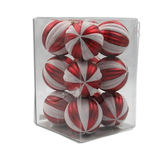 Queens of Christmas ORNPK-STRPB-CDY-12 Ball Ornaments, Red & White - Pack of 12