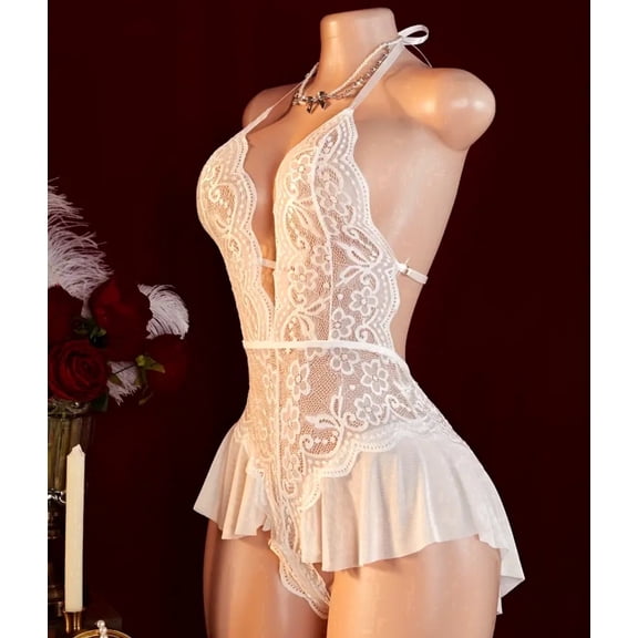 Women One Piece Babydoll Lingerie Deep V Underwear Lace Halter Bodysuit White, Red, Black, Blue- S, M, L