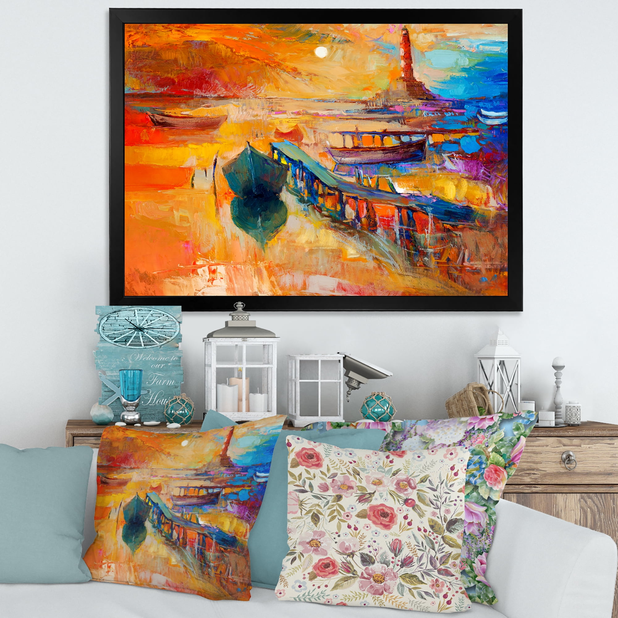 Designart 'Boats Near Coastal Town Resting On The Water III' Nautical & Coastal Framed Art Print