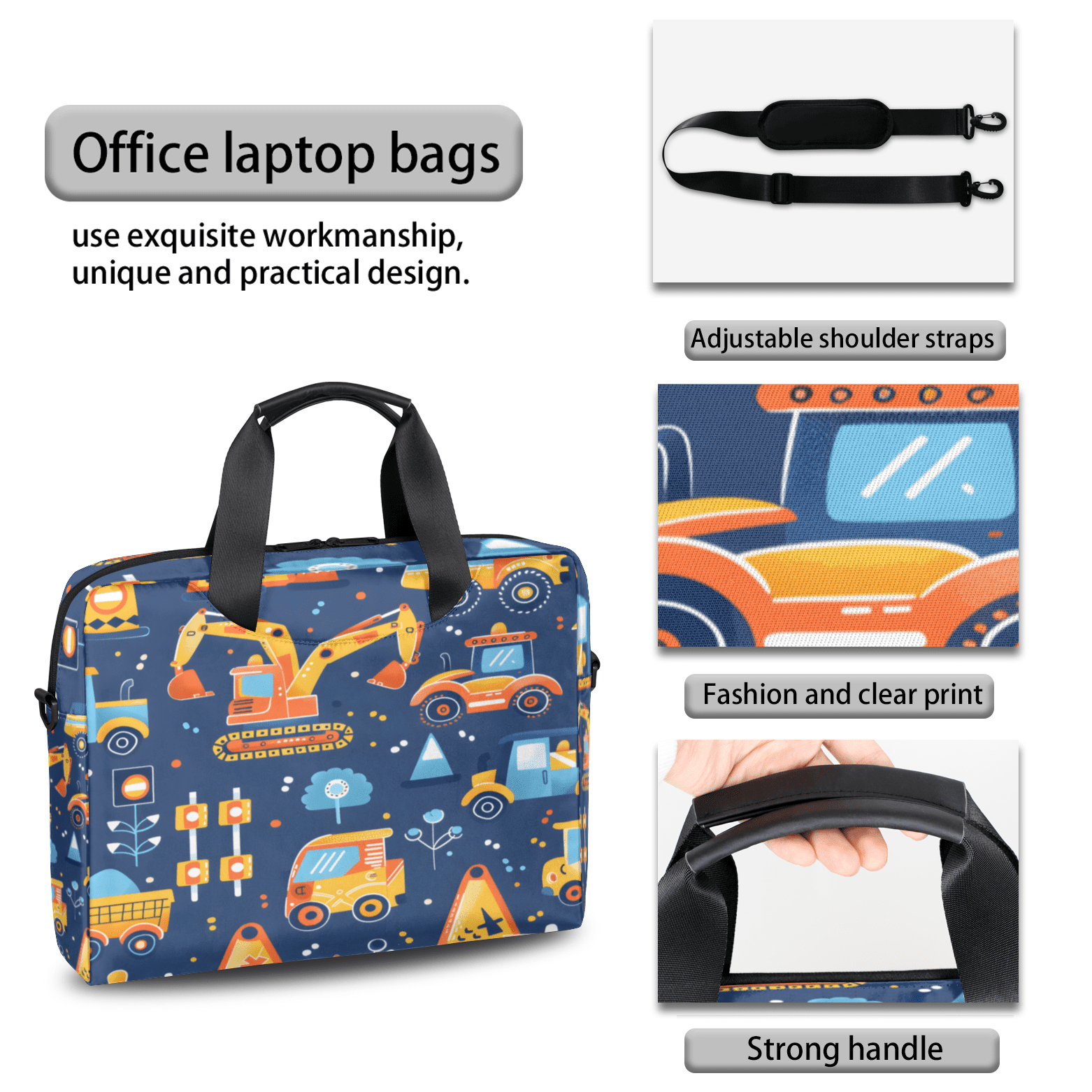 Herdesigns Construction Truck Laptop Bag for Women Men, Computer Case Briefcase Messenger Bags, 15-15.6 inch Laptop Sleeve Shoulder Bag