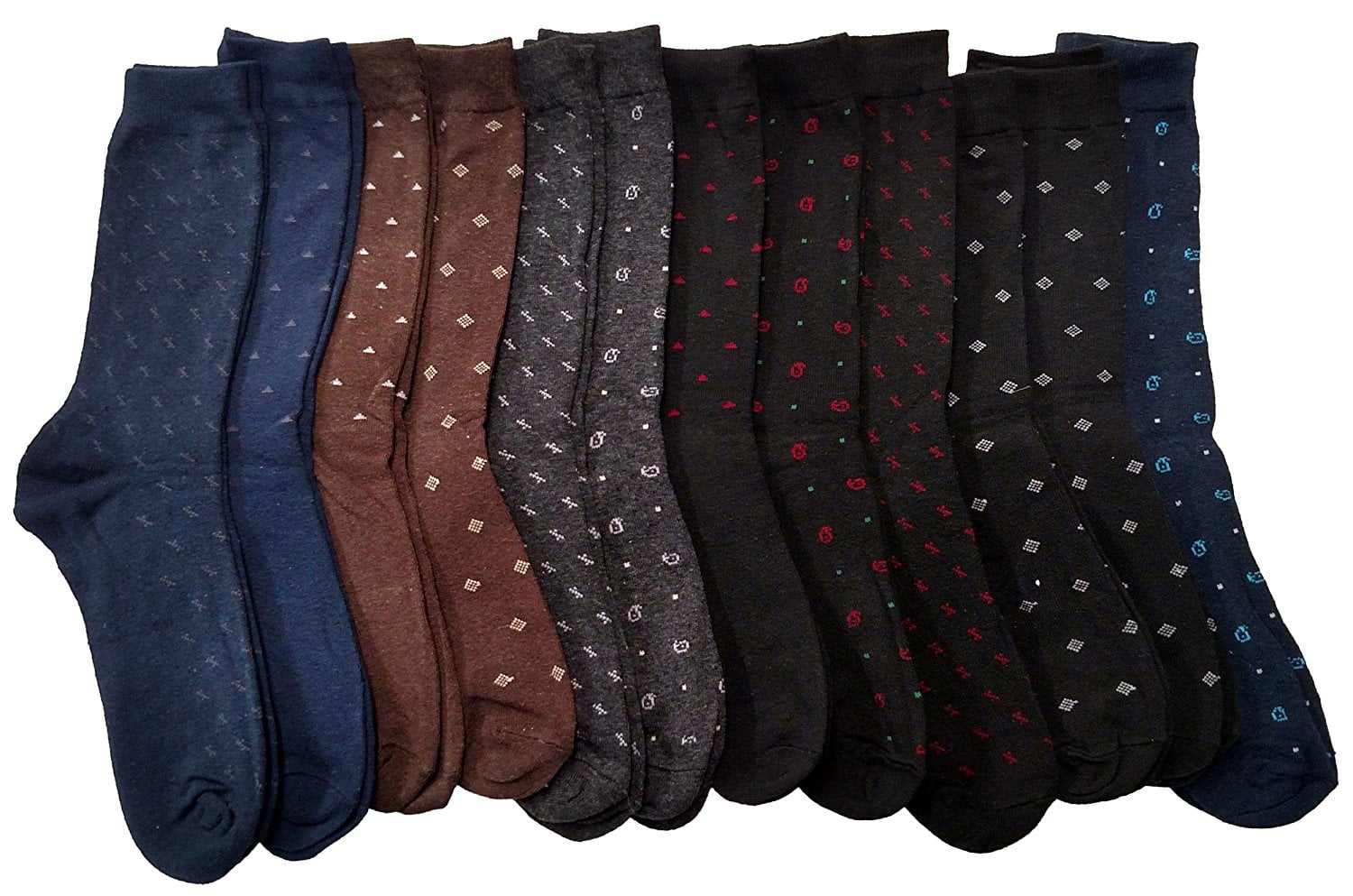12 Pairs of Men's Patterned Dress Socks, Cotton Blend, Sock Size 1013