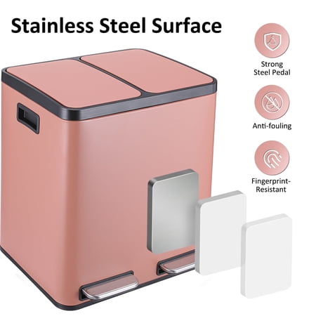 LAZY BUDDY 8 Gallon Dual Trash Can, 30L Step Garbage Can, Classified Recycle Waste Bin for Kitchen, Living Room, Stainless Steel Rectangular Pink