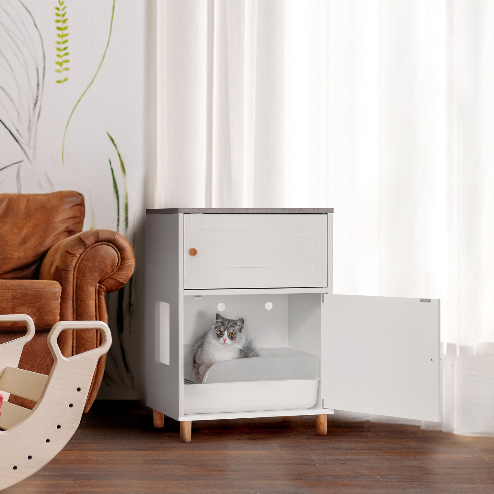 PETSFIT Cat Litter Box Enclosure, Odor-Free Design, Storage Cabinet, Easy-Clean, and Stylish Hidden Cat Litter Box Furniture White