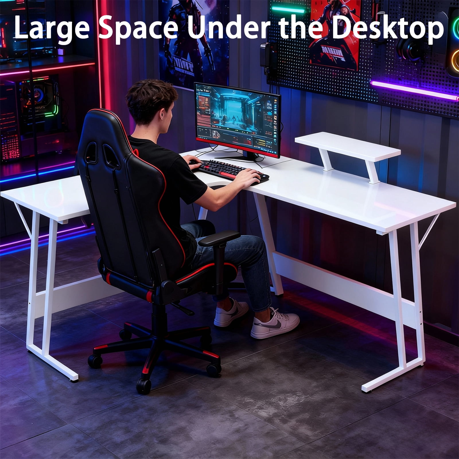 CL.HPAHKL L Shaped Gaming Desk, Computer Desk Corner Desk with Monitor Stand&Large Wooden Desktop, PC Gaming Desk Table for Home Office Sturdy Writing Workstation (White, 50 inch)