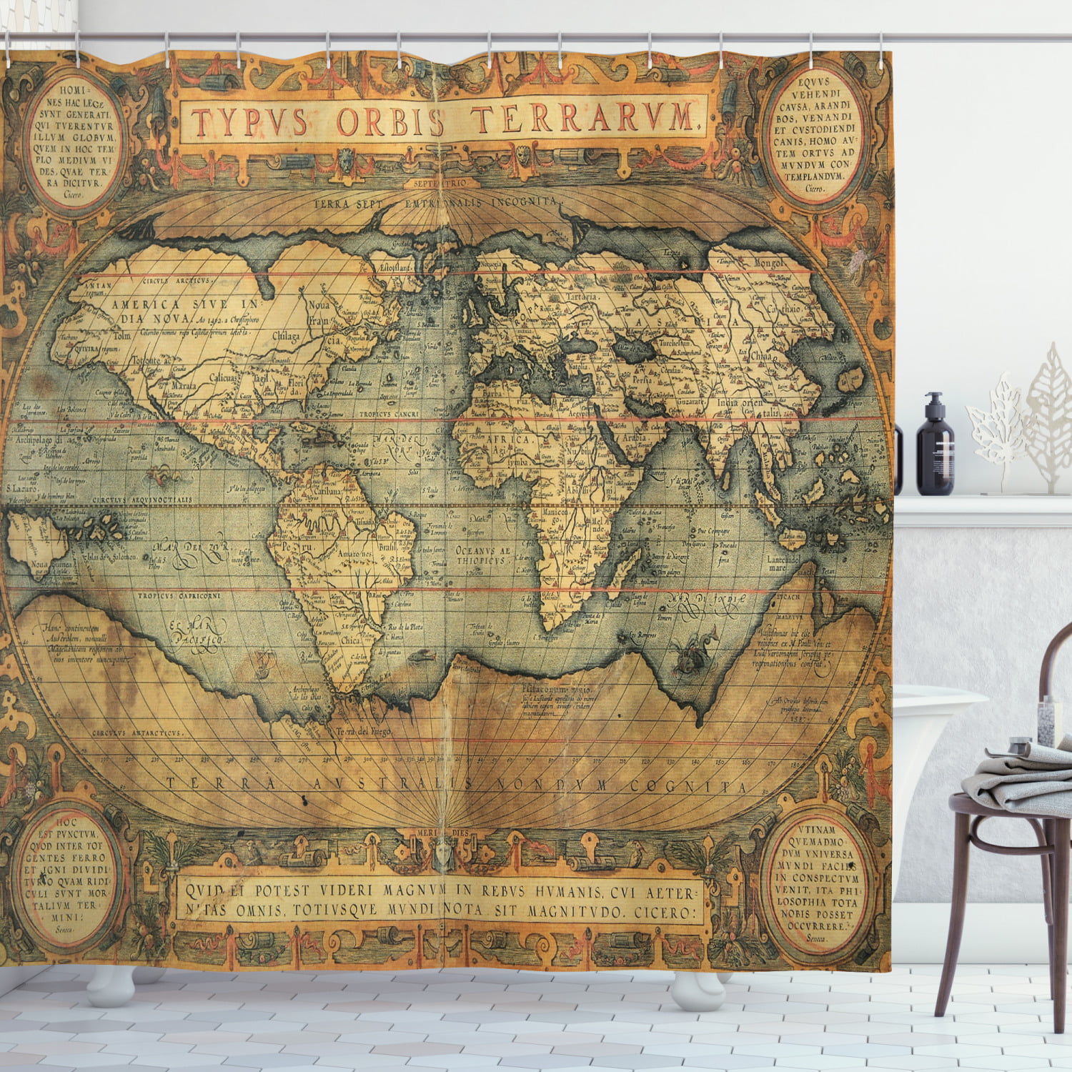 Vintage World Map Shower Curtain Hooks Waterproof Polyester Bathroom Mat 