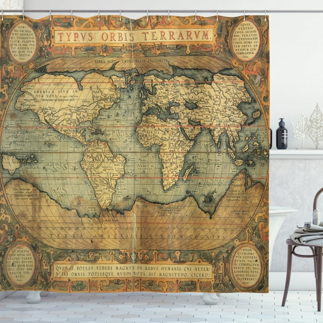Ambesonne World Map Shower Curtain, Vintage Atlas Old Chart, 69"Wx70"L, Sand Brown Slate Blue