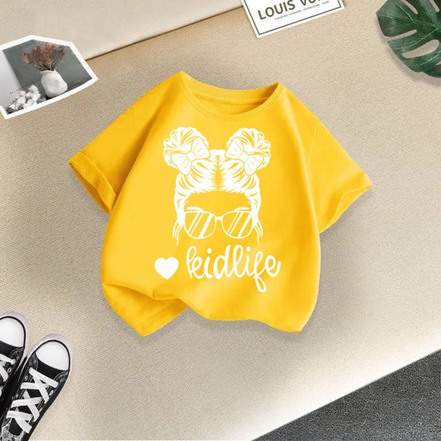 CHAOLEI T-Shirt Graphique Mignon pour Filles, Col Rond, Manches Courtes, Été, Décontracté, Jaune, 5-6 Ans