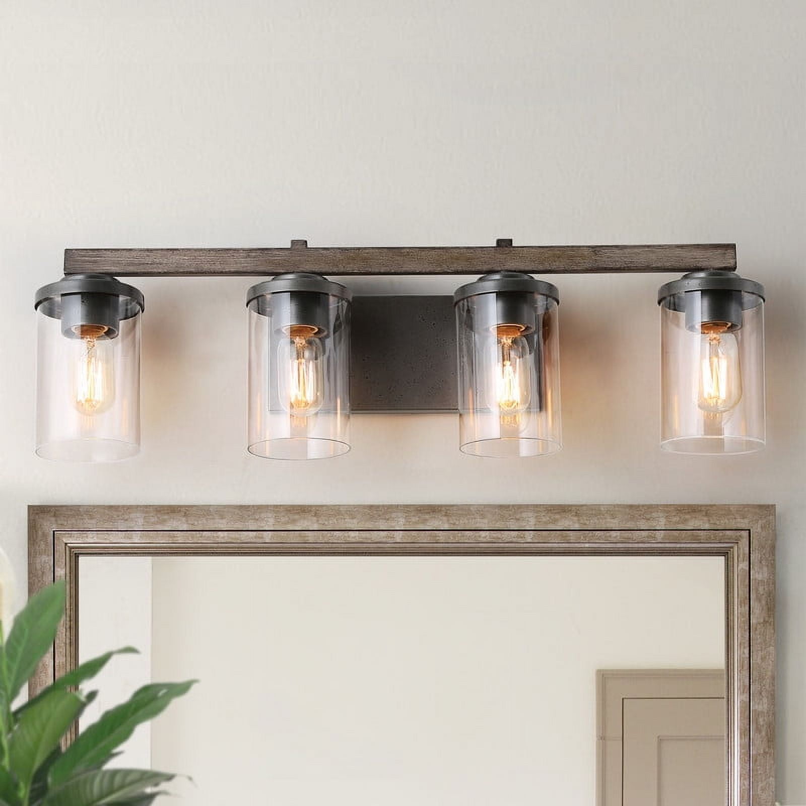 LNC 4-Light Black Cylinder Clear Glass Modern Farmhouse Wood Tone Bathroom Vanity Light