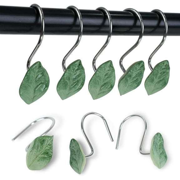 12PCS Leaves Spring Shower Curtain Hooks, Green Shower Hooks for Shower Curtain, Rust Proof Shower Curtain Rings Realistic Leaf Curtain Hooks for Bathroom Bedroom Living Room Decor