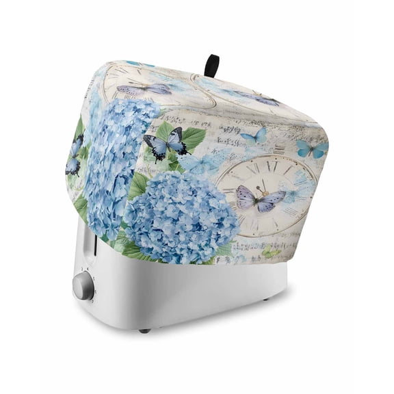 Fsddascl Blue Vintage Hydrangea Small Toaster Cover 2 Slice, Kitchen Appliance Covers, Spring Retro Clock Butterfly Toaster Oven Cover with Loop, Bread Machine Cover Polyester Dust Cover Protection