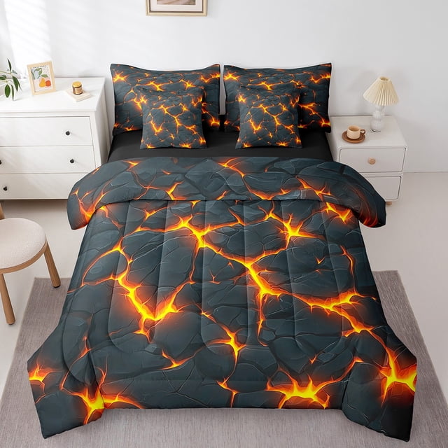 Erosebridal Literie Volcan Lave Format Grand, Ensembles de Literie Géométriques Stéréoscopiques Format Grand, Déco de Chambre Flammes, Réversible, Léger, 7 Pcs