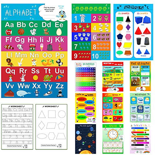 Preschool Learning Posters Laminated Alphabet Line Number Chart for Homeschool 