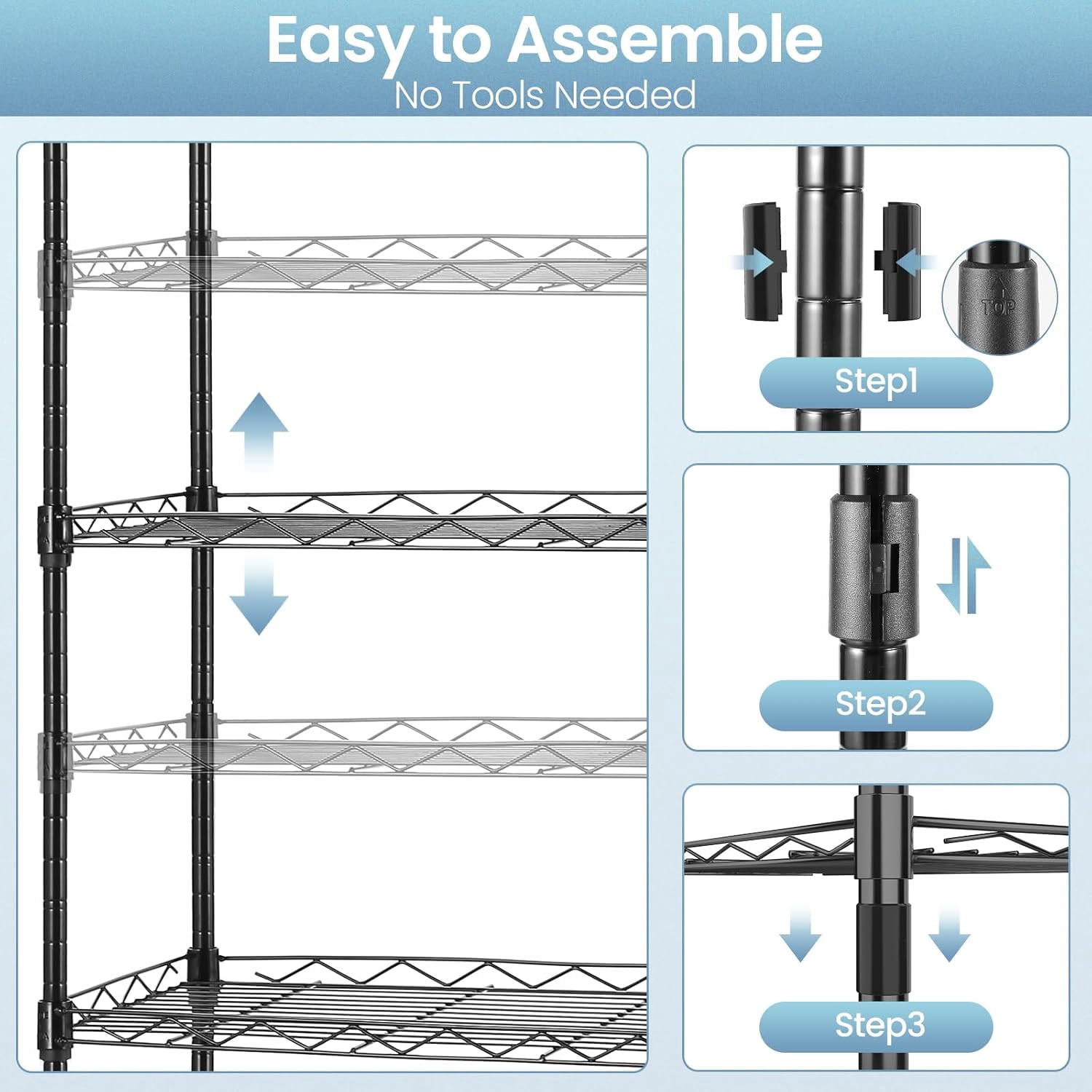Sailvan 6-Tier 63"H Metal Storage Rack with Wheels, Slim Wire Shelving Unit for Pantry Kitchen Bathroom, Adjustable Shelves with Hooks, 530lbs Cap,Black