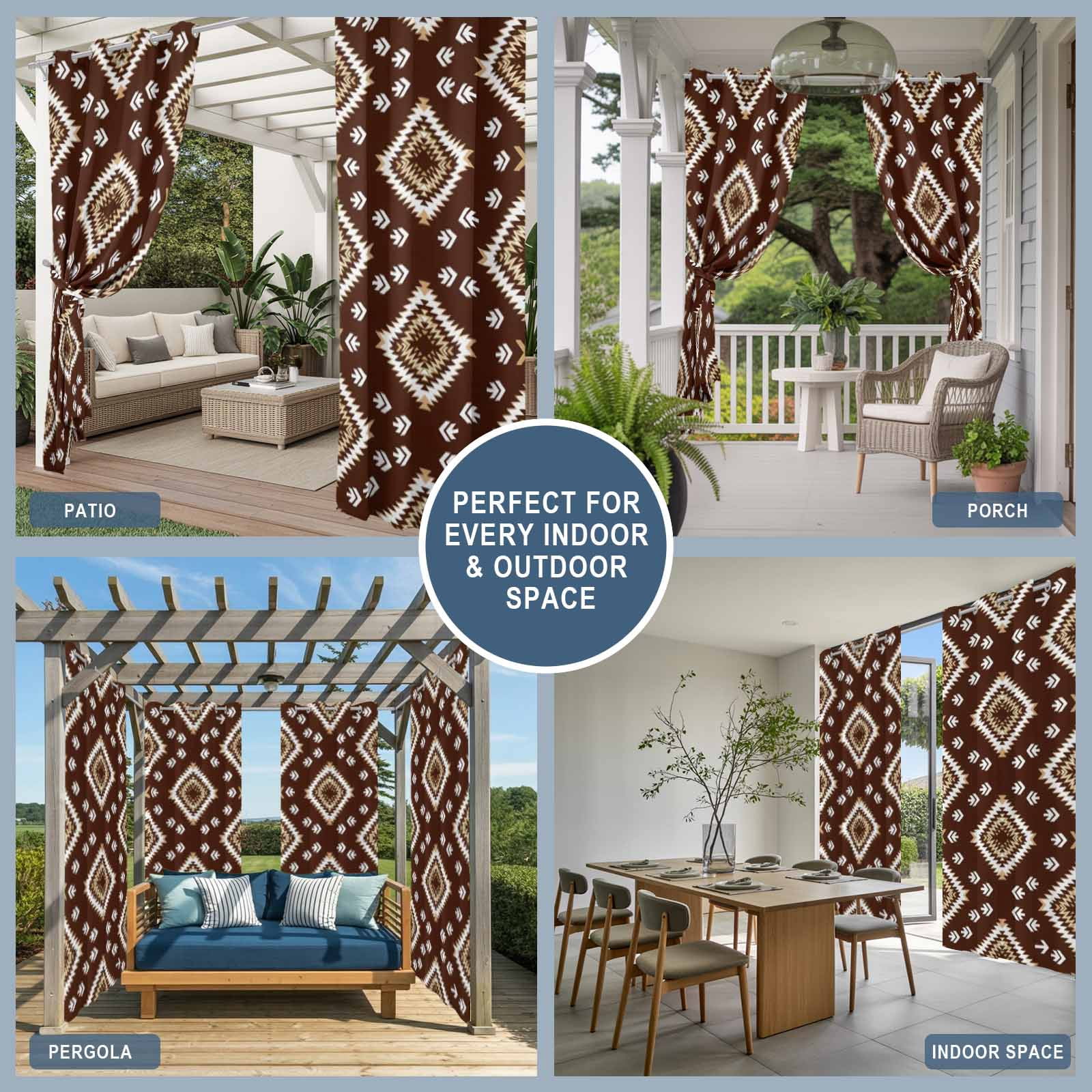 Dark Brown Rectangle Outdoor Curtains for Patio, Tribal Retro Classic Geometric Abstract Sunshade Privacy Drapes Grommet Waterproof Outside Curtains for Porch/Cabana/Balcony 54"x 108", 1 Panel