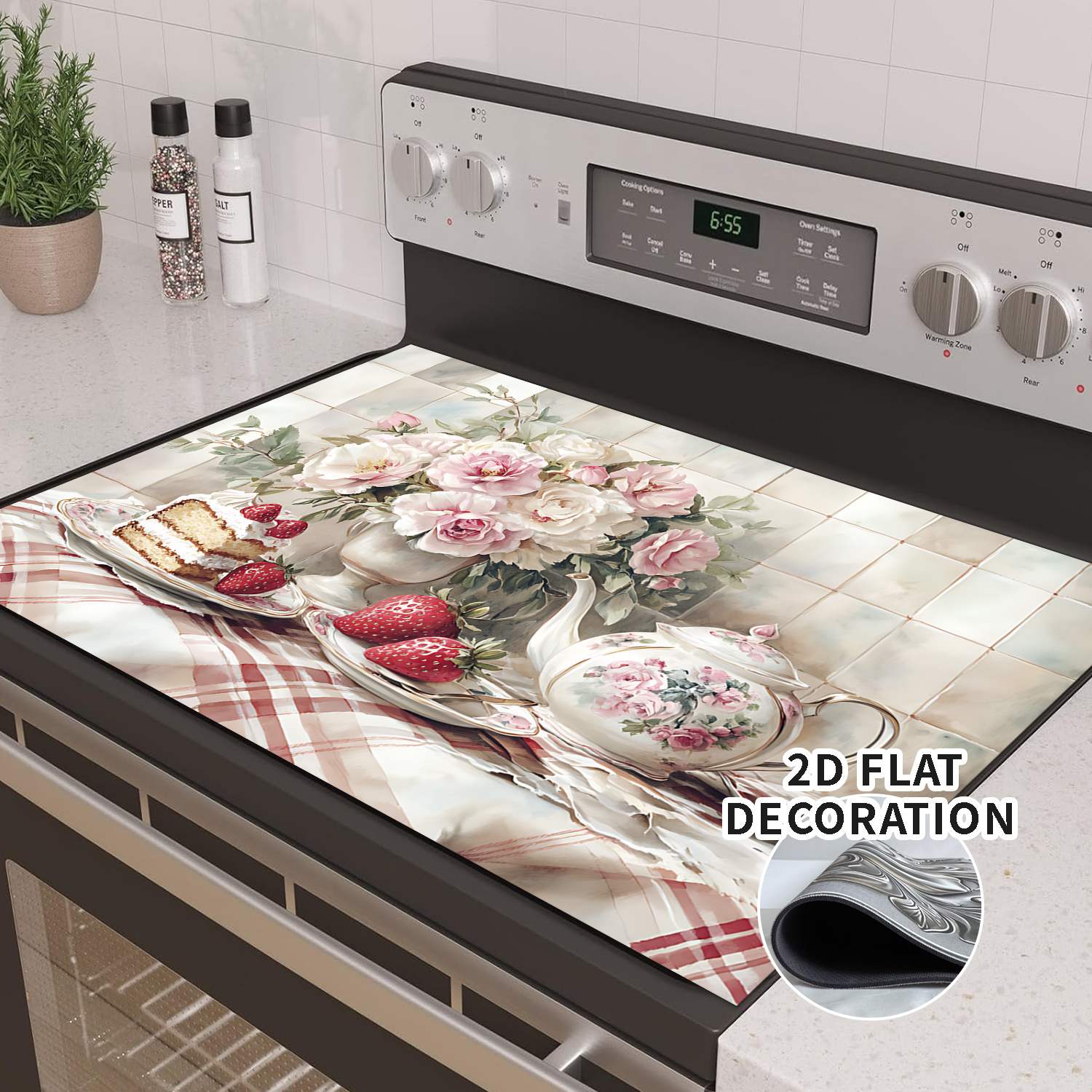 Kitchen Stove Top Cover Retro Floral & Strawberry  Design Gas Stove Top Cover for Home Decoration Kitchen Pad Non-Stick Washable Cooktop Covers Countertop Protector Keep Stove Clean Mat