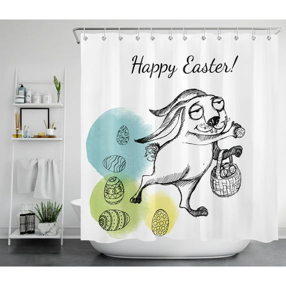 HVEST Happy Easter Shower Curtain for Bathroom Decor,Funny Rabbit and Easter Eggs Shower Curtain with Hooks Set,Sketch Abstract Line Polyester Waterproof Durable Fabric Bath Accessories 70x69 Inches