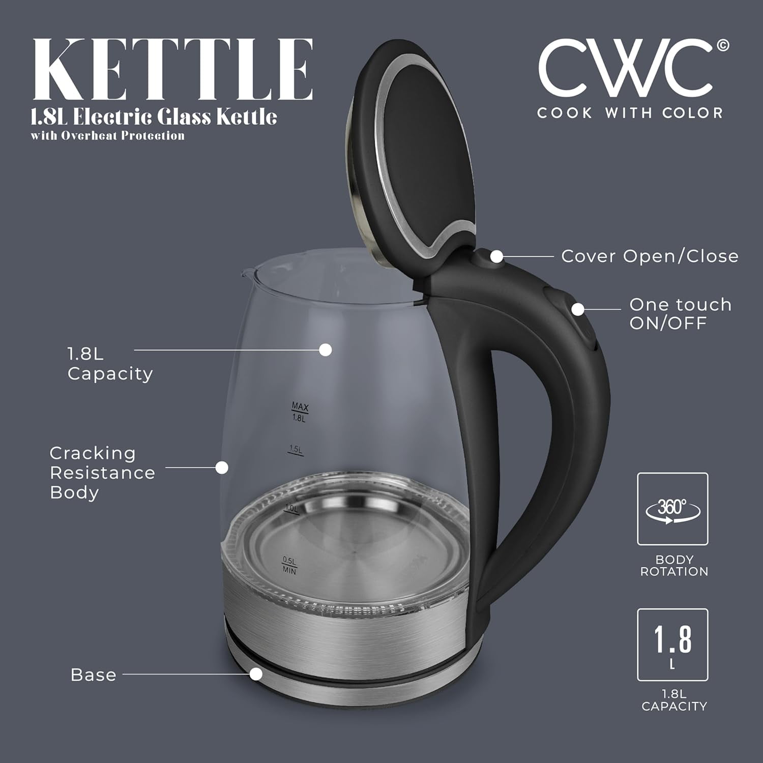 COOK WITH COLOR Rapid Boil Electric Kettle 1200-Watt Glass Water Boiler, 1.7 L Black