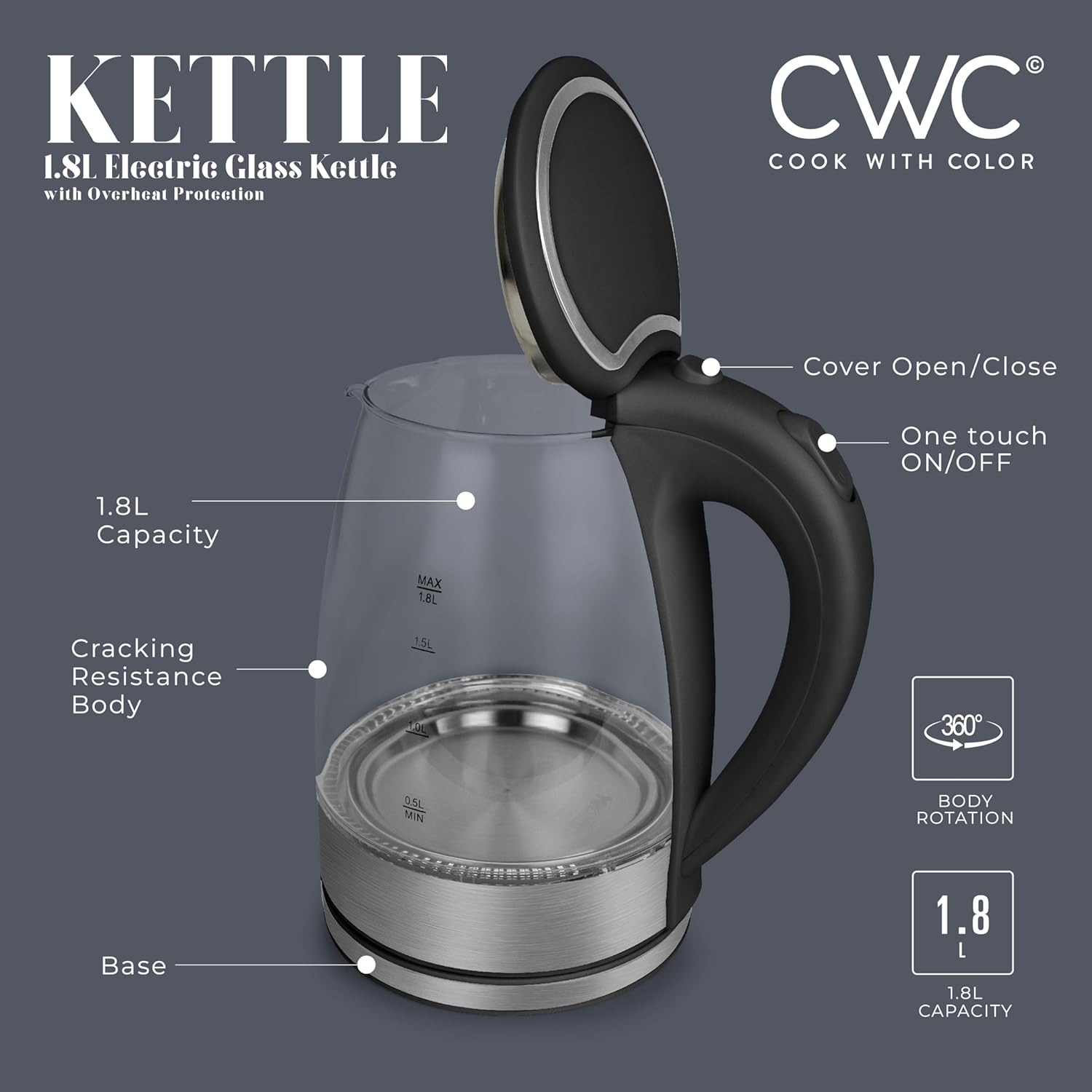 COOK WITH COLOR Electric Kettle, 1.8L Glass photo 3