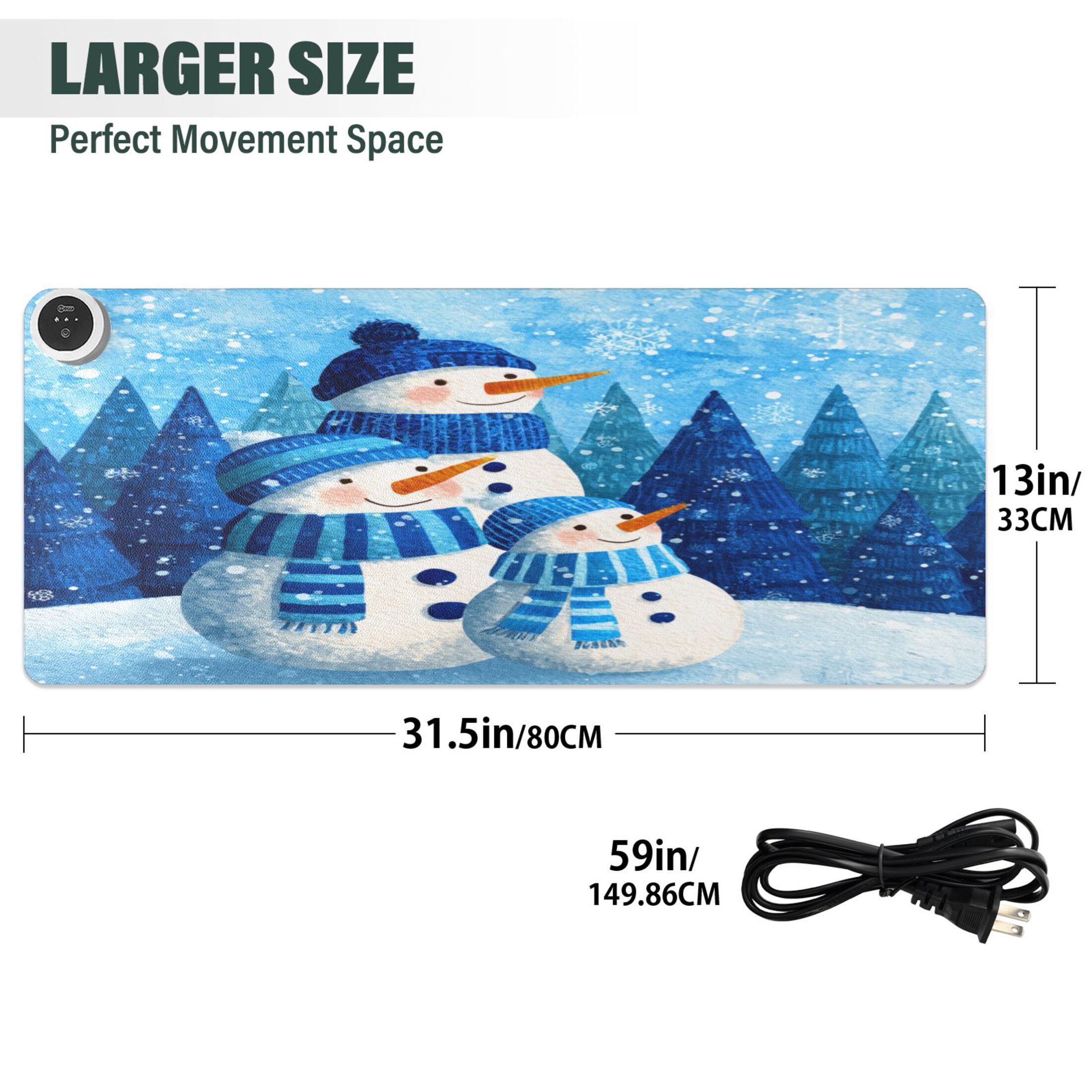 Large Heated Desk Mat Mouse Pad 31.5"x13"PU Leather Graphene Heating Desk Warmer with 3 Temperature Settings 110V US Plug Non-Slip Warm Pad for Home, Office, and Gaming Three Blue Cute Snowmen
