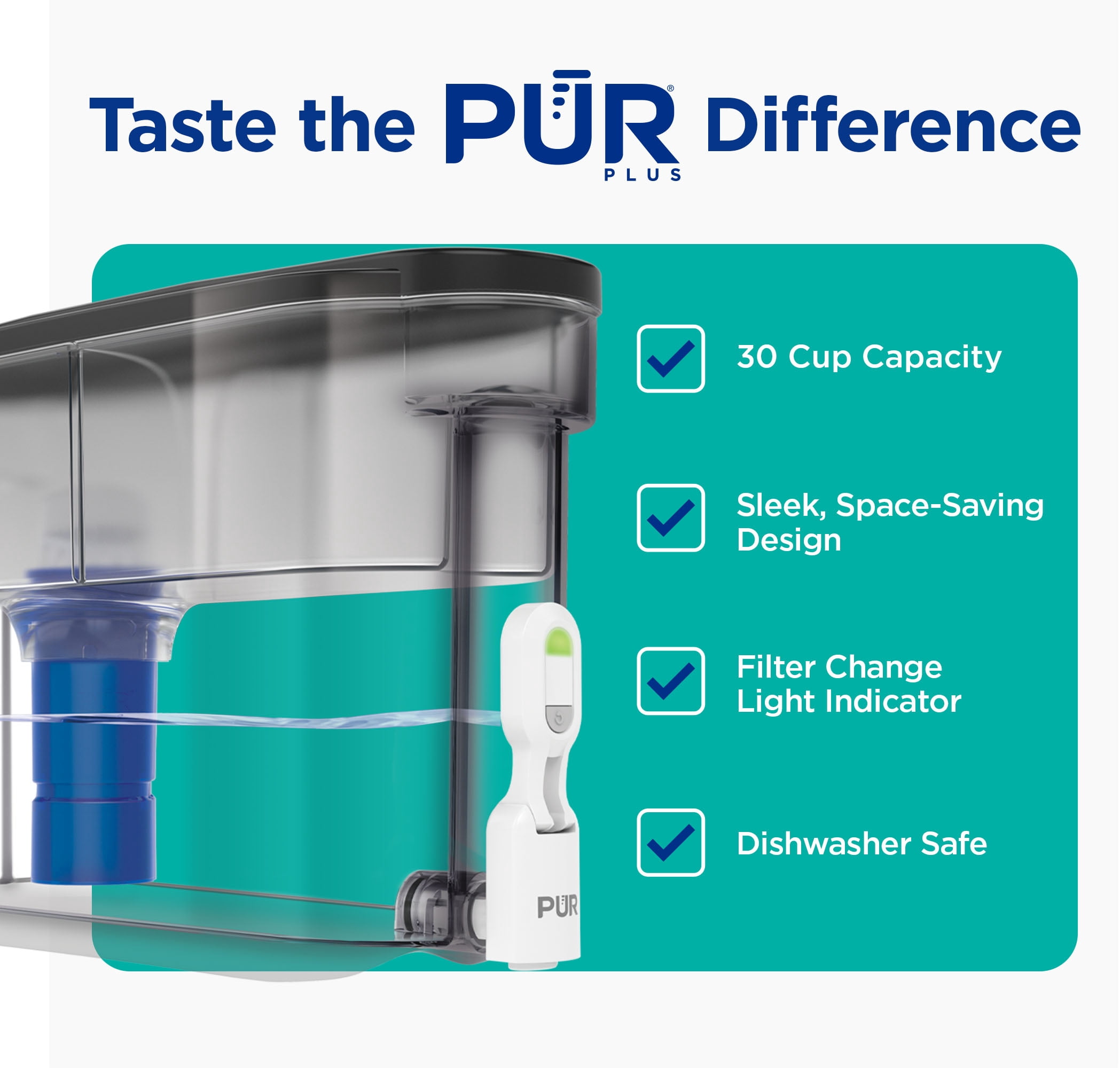 PUR PLUS 30-Cup Water Filter Dispenser with 1 Lead-Reducing PUR PLUS Filter, Dishwasher Safe, Powerful Filtration, Large Capacity with Slim, Space-Saving Design, Smoke (DS1811B)