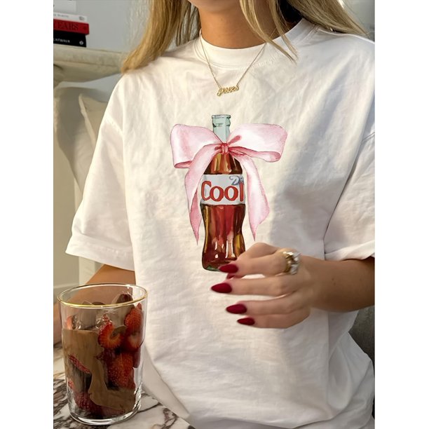 Vintage-Inspired Soda Bow Print T-Shirt for Women - Casual Crew Neck, Short Sleeve Top, Breathable Polyester, Machine Washable