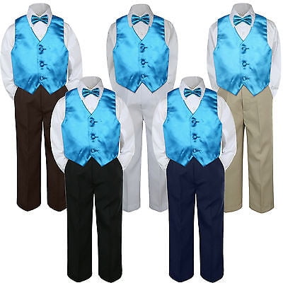 4pc Boy Suit Set Turquoise Spa Bow Tie Vest Baby Toddler Kid Pants S-7