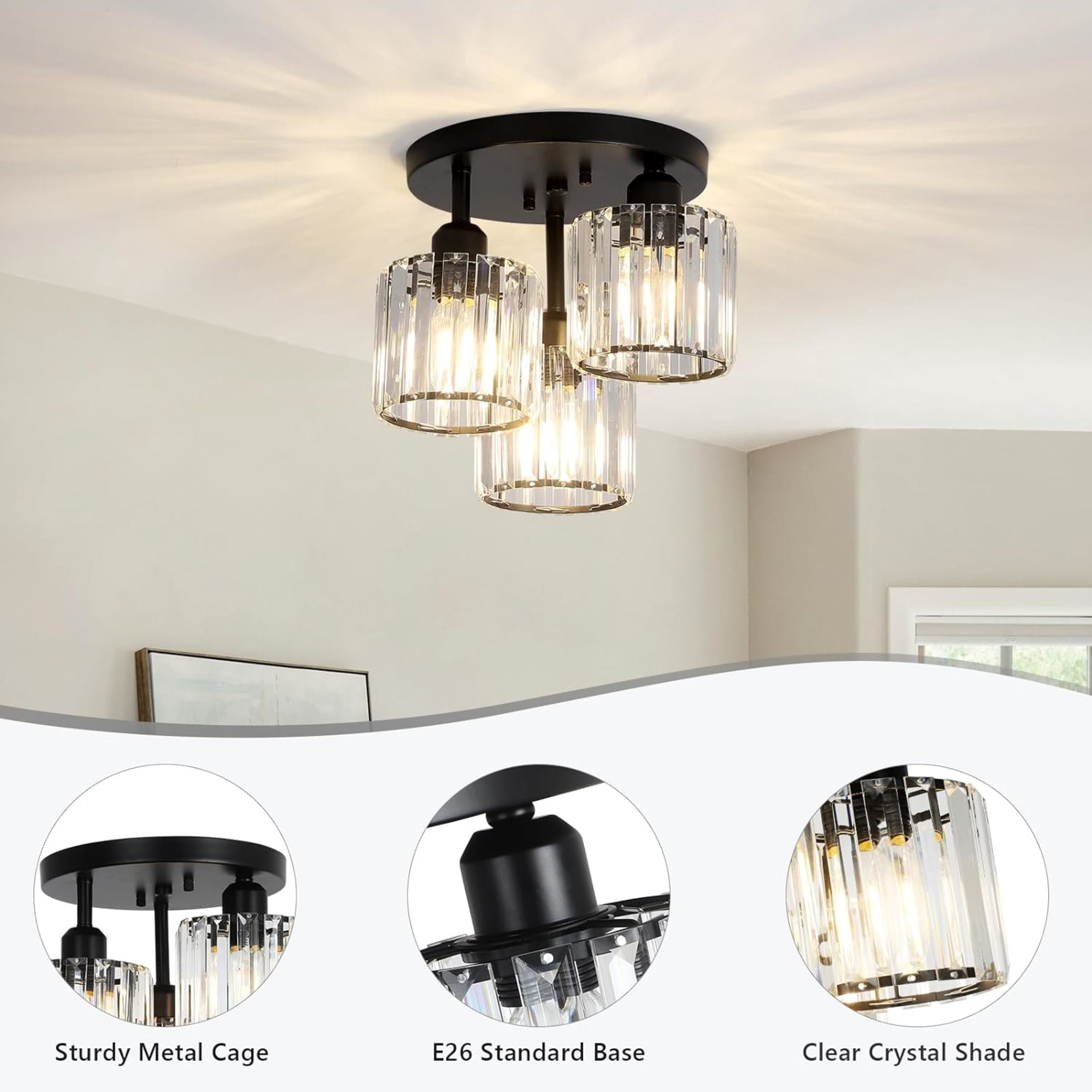 Noble House 13" Crystal Semi-Flush Ceiling Light, Modern Metal Frame, 3-Light E26, Clear Crystal Shade, Black