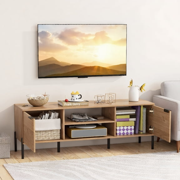 Topcobe 2-Door TV Stand with Charging Station and Open Shelves for TVs up to 65 Inches, Modern Furniture for Indoor, Living Room-Natural