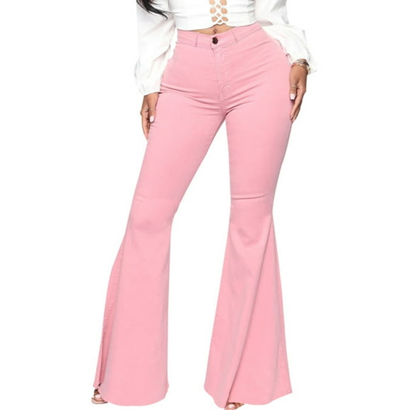Luxur Women's High Waist Skinny Jeans with Pocket, Solid Pink, L